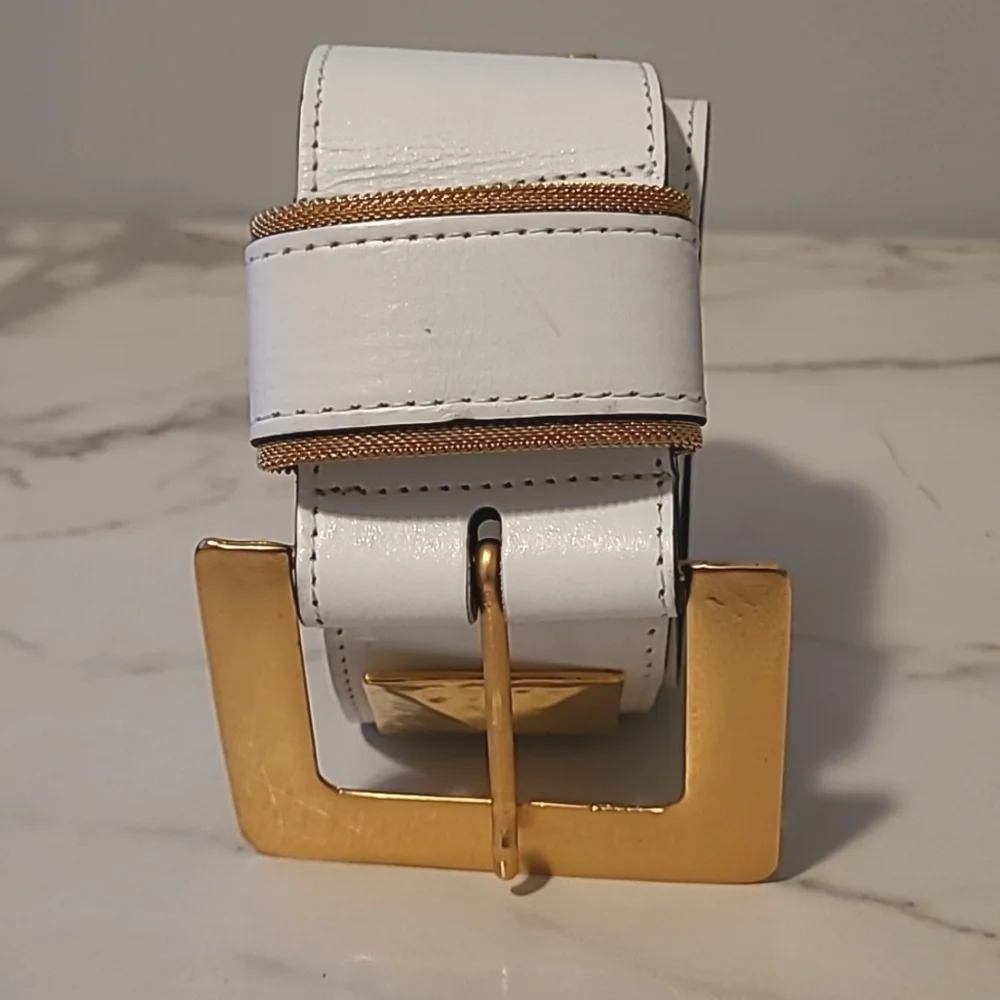 VR San Marcos White Leather Gold Square Hammered Metal Details Belt Sz L 28-32